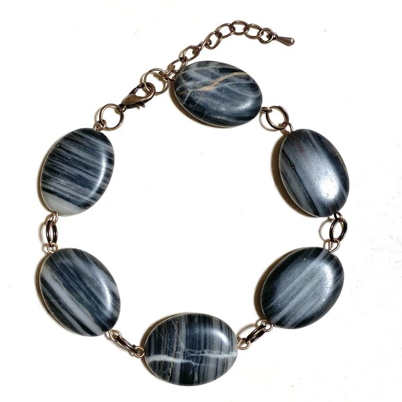 2/$20, Dark Banded Agate Boho Bracelet, Large Genuine Gemstone + Copper Links - Picture 1 of 12